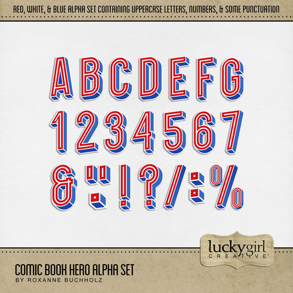Pow! Boom! Pop! Faster than a speeding bullet, these digital scrapbooking alphabet letters, numbers, and punctuation by Lucky Girl Creative digital art are packed with action and adventure. Perfect for titles on comic book pages, sports, Father's Day, video games, cartoons, news, newspapers, and more! The Comic Book Hero Alpha Set consists of a full set of digital art uppercase letters A-Z, numbers 0-9, and most punctuation. This alpha set is available as individual embellishments only.