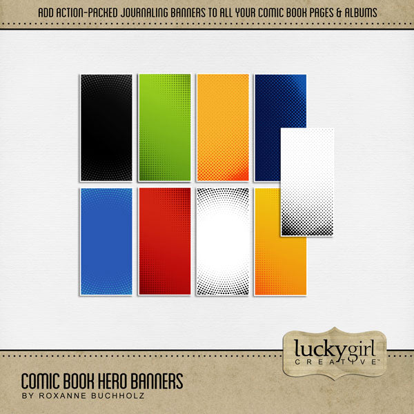 Pow! Boom! Faster than a speeding bullet, this digital scrapbooking elements kit by Lucky Girl Creative digital art is packed with action and adventure. Perfect for journaling on comic book pages, sports, Father's Day, video games, cartoons, news, newspapers, and more!