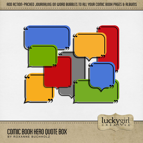 Pow! Boom! Faster than a speeding bullet, this digital scrapbooking elements kit by Lucky Girl Creative digital art is packed with action and adventure. Perfect for journaling on comic book pages, sports, Father's Day, video games, cartoons, news, newspapers, and more! Word bubbles are the best!
