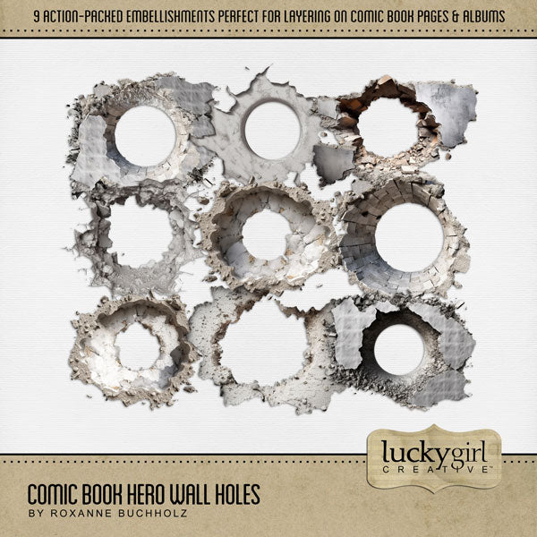 Pow! Boom! Faster than a speeding bullet, this digital scrapbooking elements kit by Lucky Girl Creative digital art is packed with action and adventure. Perfect for creating comic book pages, sports, Father's Day, video games, cartoons, news, newspapers, and more!