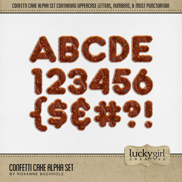 Showcase your favorite desserts, restaurants, recipes, and cookbook favorites with these fun digital scrapbooking alphabet letters, numbers, and punctuation by Lucky Girl Creative digital art great for creating one-of-a-kind page titles. Great for baking, sweet treats, making brownies and cakes, and more! This alpha set consists of a full set of digital art uppercase letters A-Z, numbers 0-9, and most punctuation. This alpha set is available as individual embellishments only.