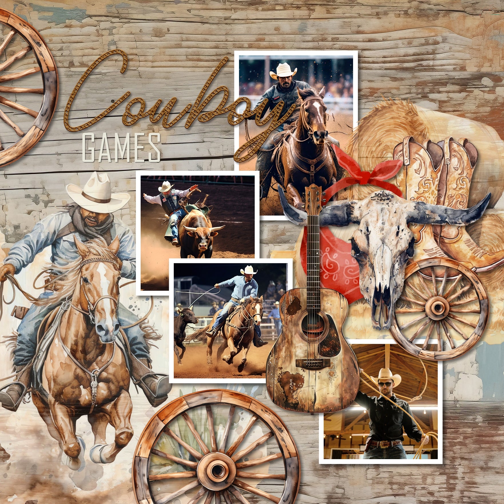 These watercolor digital scrapbooking embellishments, papers, and alpha set by Lucky Girl Creative digital art are easy to use for western-inspired digital scrapbook pages including travels to the Southwest (Arizona, Colorado, Utah, Nevada, New Mexico), cowboy and cowgirl dances and hoedowns, rodeo and ranch events, ghost towns, vacations to the desert, Mexico, Nashville, Wild West, and so much more! Embellishments include armadillo, bird, crow, buffalo, bison, tarantula, bull, chicken, horse, and more.