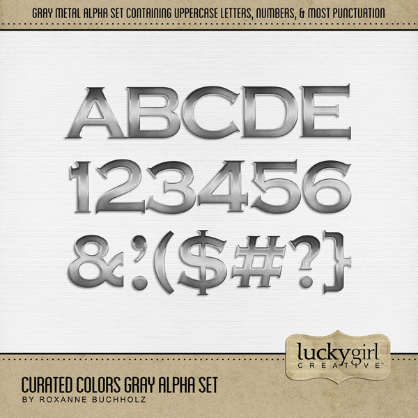 Collect the entire series of Curated Colors by Lucky Girl Creative digital art! Access your digital art in easy-to-use coordinated color palettes. Add these gray metal letters, numbers, and punctuation to all your digital scrapbooking pages and mix-and-match them on various projects throughout the year! The Curated Colors Gray Alpha Set consists of a full set of digital art uppercase alphabet letters A-Z, numbers 0-9, and most punctuation marks.