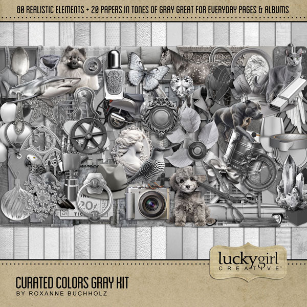 Collect the entire series of Curated Colors by Lucky Girl Creative digital art! Access your digital art in easy-to-use coordinated color palettes. Add these gray embellishments and subtle textured papers to all your digital scrapbooking pages and mix-and-match them on various projects throughout the year! Embellishments include angel wings, parrot, bird, Keeshond, dog, Pitbull, poodle, horse, butterfly, kitty cat, shark, car, automobile, backpack, balloons, button, leaf, leaves, branch, brooch, and more.