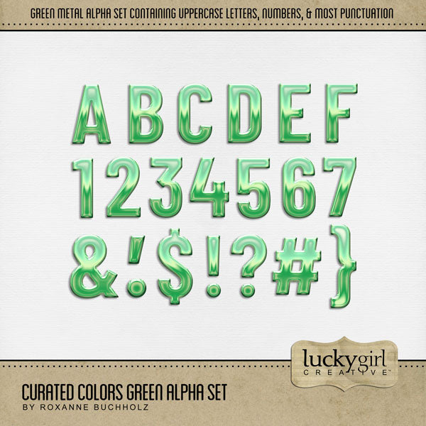 Collect the entire series of Curated Colors by Lucky Girl Creative digital art! Access your digital art in easy-to-use coordinated color palettes. Add these green metal letters, numbers, and punctuation to all your digital scrapbooking pages and mix-and-match them on various projects throughout the year! The Curated Colors Green Alpha Set consists of a full set of digital art uppercase alphabet letters A-Z, numbers 0-9, and most punctuation marks.