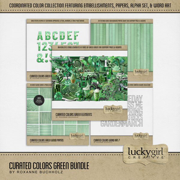Collect the entire series of Curated Colors by Lucky Girl Creative digital art! Access your digital art in easy-to-use coordinated color palettes. Add these green embellishments, textured and wood papers, alpha set, and everyday wire word art to all your digital scrapbooking pages and mix-and-match them on various projects throughout the year!