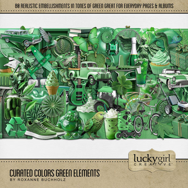 Collect the entire series of Curated Colors by Lucky Girl Creative digital art! Access your digital art in easy-to-use coordinated color palettes. Add these green embellishments to all your digital scrapbooking pages and mix-and-match them on various projects throughout the year! Embellishments include bird, hummingbird, parrot, butterfly, dragonfly, chameleon, fish, frog, Cadillac, Jeep, automobile, station wagon, truck, balloon, bike, bicycle, books, Buddha, jade, button, cactus, chalkboard, and more.