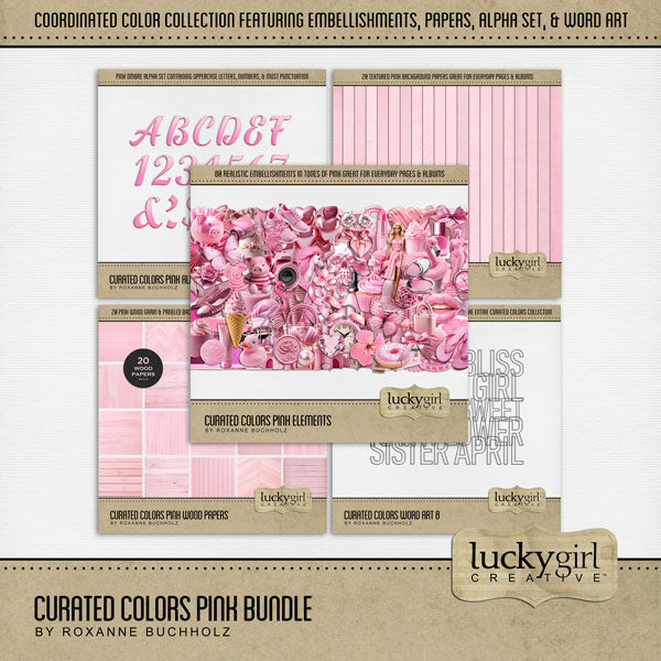 Collect the entire series of Curated Colors by Lucky Girl Creative digital art! Access your digital art in easy-to-use coordinated color palettes. Add these pink embellishments, textured and wood papers, alpha set, and everyday wire word art to all your digital scrapbooking pages and mix-and-match them on various projects throughout the year! Embellishments include flamingo, unicorn, heart balloons, balloons, and more!