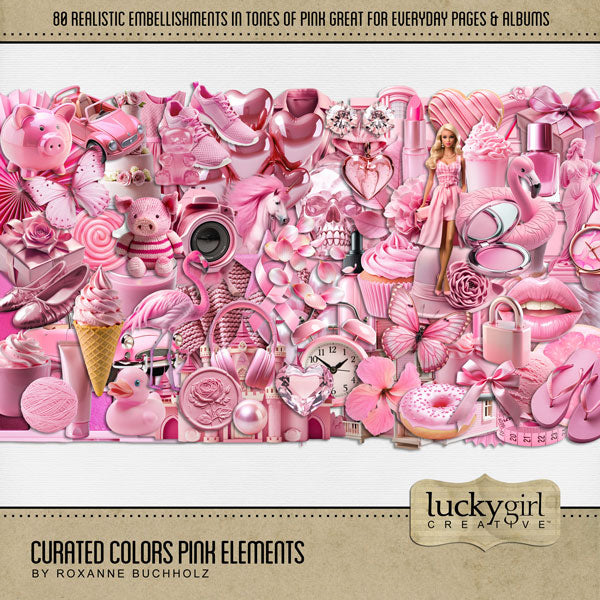 Collect the entire series of Curated Colors by Lucky Girl Creative digital art! Access your digital art in easy-to-use coordinated color palettes. Add these pink embellishments to all your digital scrapbooking pages and mix-and-match them on various projects throughout the year! Embellishments include flamingo, unicorn, heart balloons, balloons, eye dropper bottle, butterfly, camera, candle, gummy bear, convertible car, castle toy, heart pendant, alarm clock, dress, gown, leather jacket, sweater, and more.