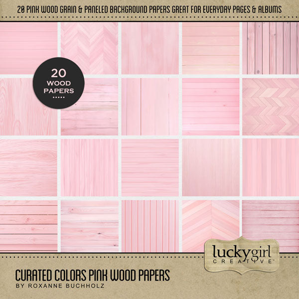 Collect the entire series of Curated Colors by Lucky Girl Creative digital art! Access your digital art in easy-to-use coordinated color palettes. Add these pink wood grain backgrounds to all your digital scrapbooking pages and mix-and-match them on various projects throughout the year! This kit is included in the Curated Colors Pink Bundle.