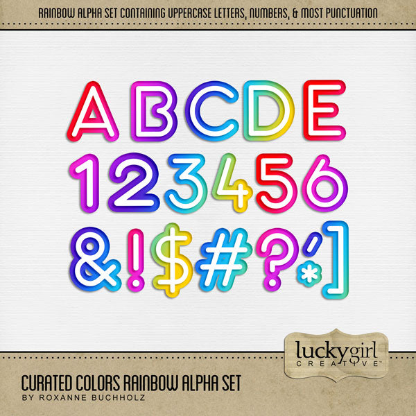 Collect the entire series of Curated Colors! Access your digital art in easy-to-use coordinated color palettes. Add these rainbow letters, numbers, and punctuation by Lucky Girl Creative digital art to all your digital scrapbooking pages and mix-and-match them on various projects throughout the year! The Curated Colors Rainbow Alpha Set consists of a full set of digital art uppercase alphabet letters A-Z, numbers 0-9, and most punctuation marks. This alpha set is available as individual embellishments only.