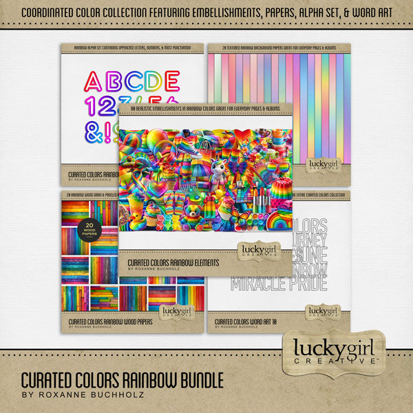 Collect the entire series of Curated Colors! Access your digital art in easy-to-use coordinated color palettes. Add these rainbow embellishments, textured and wood papers, alpha set, and everyday wire word art by Lucky Girl Creative digital art to all your digital scrapbooking pages and mix-and-match them on various projects throughout the year! Embellishments include bird, butterfly, chameleon, balloon, balloon arch, heart, 80s bracelet, car, automobile, swim suit, bathing suit, dress, jacket, and more.