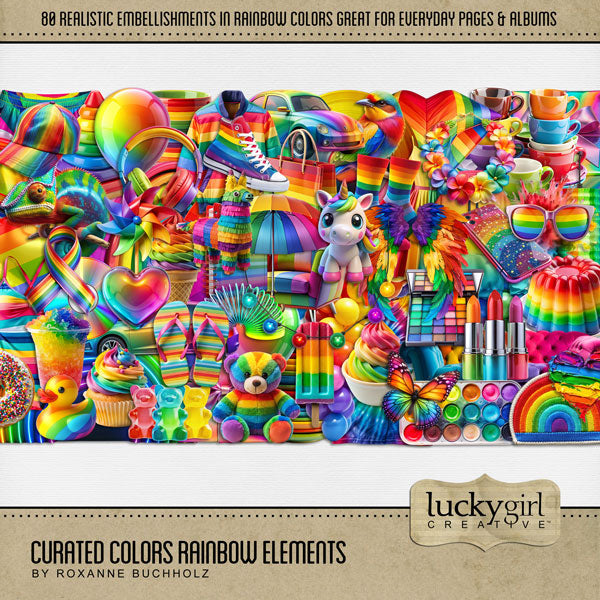 Collect the entire series of Curated Colors! Access your digital art in easy-to-use coordinated color palettes. Add these rainbow embellishments by Lucky Girl Creative digital art to all your digital scrapbooking pages and mix-and-match them on various projects throughout the year! Embellishments include bird, butterfly, chameleon, balloon, balloon arch, heart, 80s bracelet, car, automobile, swim suit, bathing suit, dress, jacket, socks, hoodie sweatshirt, splash powder, colored pencils, mug, and more.