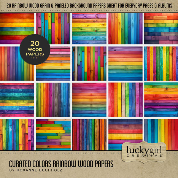 Collect the entire series of Curated Colors! Access your digital art in easy-to-use coordinated color palettes. Add these rainbow wood grain backgrounds by Lucky Girl Creative digital art to all your digital scrapbooking pages and mix-and-match them on various projects throughout the year! This kit is included in the Curated Colors Rainbow Bundle.