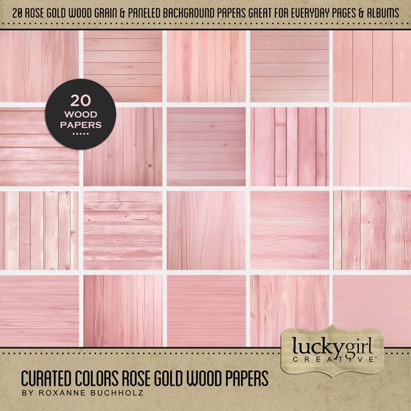 Collect the entire series of Curated Colors by Lucky Girl Creative digital art! Access your digital art in easy-to-use coordinated color palettes. Add these rose gold and pink wood grain backgrounds to all your digital scrapbooking pages and mix-and-match them on various projects throughout the year! This kit is included in the Curated Colors Rose Gold Bundle.