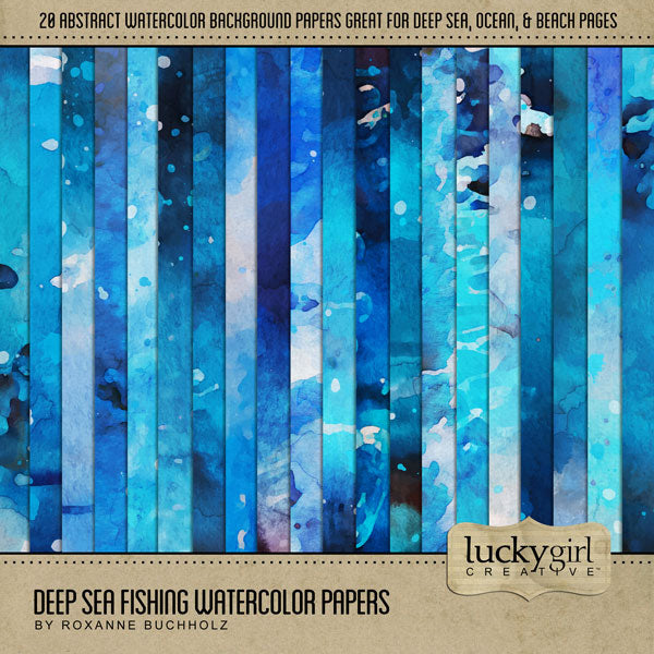These bold abstract watercolor papers by Lucky Girl Creative digital art are the perfect background for any summer, ocean, beach, or swim project. Perfect for pages to Florida, California, the Caribbean, Hawaii, swimming pool fun, and more. Backgrounds include abstract water, ocean, sea, and wave textures. This paper pack is included in the Deep Sea Fishing Watercolor Bundle and the Deep Sea Fishing Watercolor Kit.