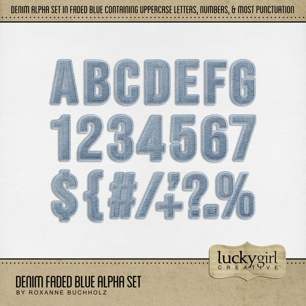 Denim is always the perfect accessory to your everyday digital scrapbooking pages! These digital scrapbooking alphabet letters, numbers, and punctuation by Lucky Girl Creative digital art are great for creating one-of-a-kind page titles for kids, teens, boys, men, work, western, sports, school fashion, and more. The Denim Faded Blue Alpha Set consists of a full set of digital art uppercase letters A-Z, numbers 0-9, and most punctuation. This alpha set is available as individual embellishments only.