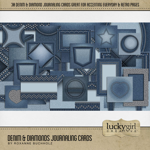 Denim and Diamonds are always the perfect accessory to your everyday digital scrapbooking pages! Great for kids, teens, boys, men, work, western, glitz, glam, sports, school fashion, and more. All journaling cards are 4x6, 6x4, or 6x6 and created from a denim blue jean texture and rhinestone diamonds.