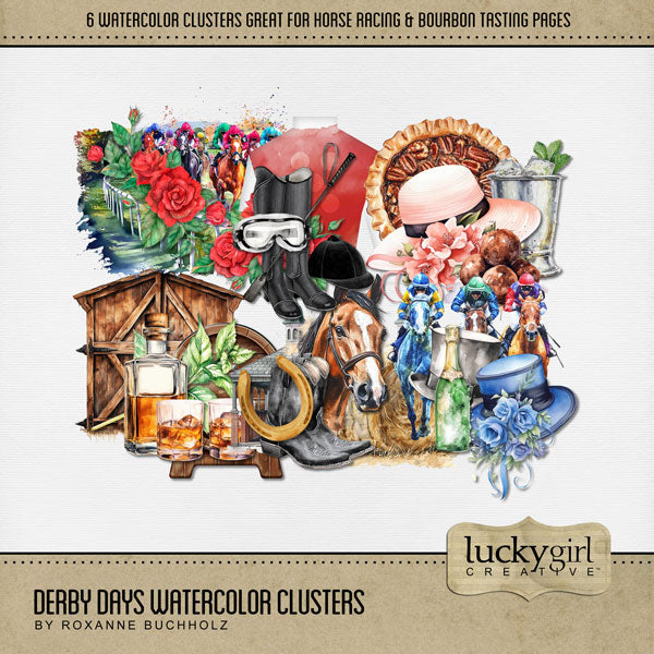 Celebrate all things Kentucky, equestrian, horse racing, and bourbon with these beautiful watercolor Derby Days clusters by Lucky Girl Creative digital art. Clusters include red roses, horse race, track, barn door, bourbon, jockey silk, jockey gear, hat, pecan pie, bourbon balls, horseshoe, hay, champagne, and more! This kit is included in the Derby Days Watercolor Bundle.