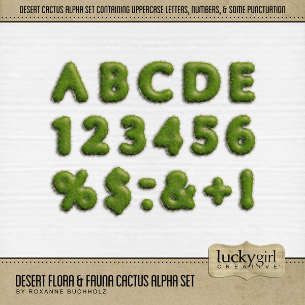Explore nature and the outdoors with these realistic cactus alphabet letters, numbers, and most punctuation by Lucky Girl Creative digital art for digital scrapbooking. Great for creating titles on desert, the Southwest, Mexico, Utah, Colorado, Wyoming, California, and Texas pages! The Desert Flora & Fauna Cactus Alpha Set consists of a full set of digital art uppercase letters A-Z, numbers 0-9, and most punctuation.