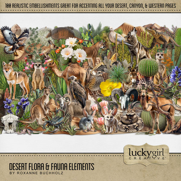 Explore nature and the outdoors with these beautiful digital scrapbooking desert embellishments by Lucky Girl Creative digital art. Great for desert, the Southwest, Mexico, California, Texas, Colorado, Arizona, New Mexico, Utah, Wyoming, and more! The Desert Flora & Fauna Elements is included in the Desert Flora & Fauna Mega Bundle. Embellishments include armadillo, big horn sheep, ram, dove, hawk, quail, vulture, buzzard, camel, cougar, mountain lion, and more.