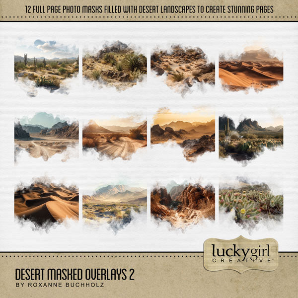 Explore nature and the outdoors with these beautiful digital scrapbooking masked overlays by Lucky Girl Creative digital art. With transparent edges, these masked photographs blend seamlessly into any background paper and make the perfect backdrop for desert, the Southwest, Mexico, Utah, Colorado, Wyoming, California, Texas, and more! The Desert Masked Overlays 2 is included in the Desert Flora & Fauna Mega Bundle.
