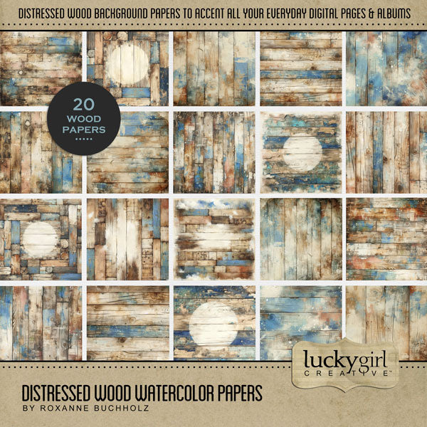 Add a touch of warmth to your Father's Day digital scrapbooking pages with these distressed wood paneled papers in tones of tan and blue by Lucky Girl Creative digital art. Great for outdoor and nature pages, too! This kit is included in the Father's Day Watercolor Bundle.