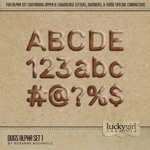 Have fun documenting your favorite dogs with these fun digital alphabet embellishments by Lucky Girl Creative. Created with a fur texture, this alphabet set with numbers and punctuation is great for all pet pages and trips to the zoo.