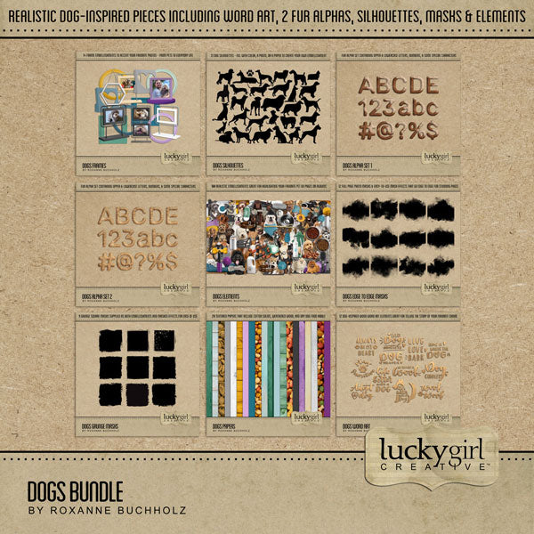 Have fun documenting your favorite dogs with these fun, realistic digital art embellishments, papers, word art, frames, alpha sets, masks, and puppy silhouettes by Lucky Girl Creative. Elements include many breeds of puppy dogs in addition to all the pet toys, beds, grooming tools, and food they need.