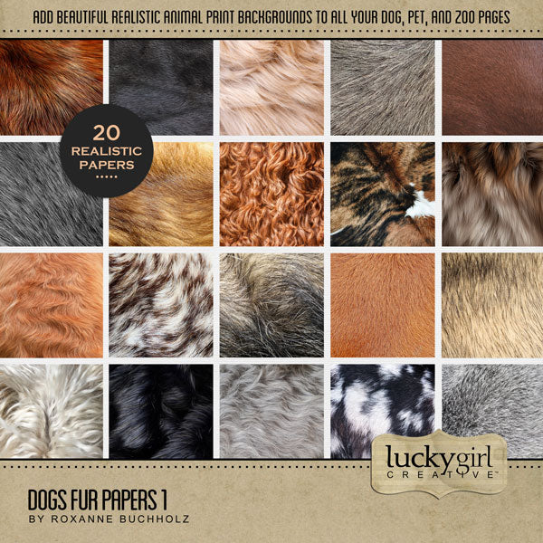 Have fun documenting your favorite dogs and puppies with these realistic digital scrapbooking art papers by Lucky Girl Creative featuring various shades and colors of different dog breed fur and dog hair. 