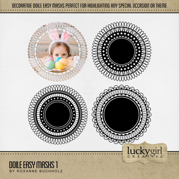 With 4 unique digital scrapbooking designs, these decorative round photo masks by Lucky Girl Creative digital art are supplied as both standard and inverse embellishment overlays for maximum flexibility. These circle masks are perfect for highlighting any special occasion or theme, especially wedding, baby, and vintage heritage. Fill with color, paper, or your favorite photo to create a one-of-a-kind image.