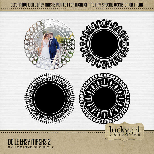 With 4 unique digital scrapbooking designs, these decorative round photo masks by Lucky Girl Creative digital art are supplied as both standard and inverse embellishment overlays for maximum flexibility. These circle masks are perfect for highlighting any special occasion or theme, especially wedding, baby, and vintage heritage. Fill with color, paper, or your favorite photo to create a one-of-a-kind image.