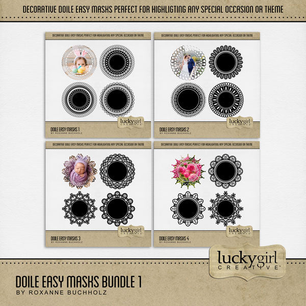 With 16 unique digital scrapbooking designs, these decorative round photo masks by Lucky Girl Creative digital art are supplied as both standard and inverse embellishment overlays for maximum flexibility. These circle masks are perfect for highlighting any special occasion or theme, especially wedding, baby, and vintage heritage. Fill with color, paper, or your favorite photo to create a one-of-a-kind image.