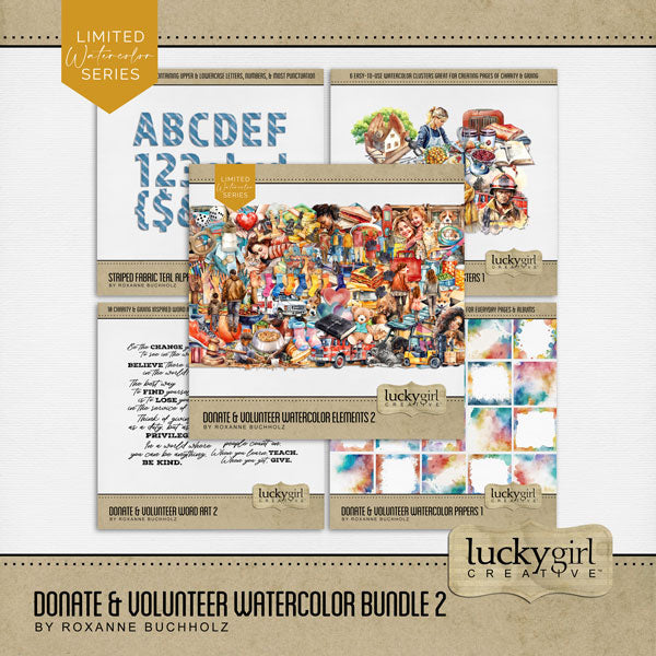 These digital scrapbooking watercolor embellishments, papers, alpha set, and word art by Lucky Girl Creative digital art are great for non-profit charities, giving, donating, after school programs, and volunteering for various organizations and clubs. Big Brothers and Big Sisters of America, UNICEF, St. Jude Children's Hospital, Boys & Girls Club of America, YMCA, Samaritan's Purse, Operation Christmas Child, Planned Parenthood, World Literacy Foundation, Humane Society, World Vision, Women's Shelter