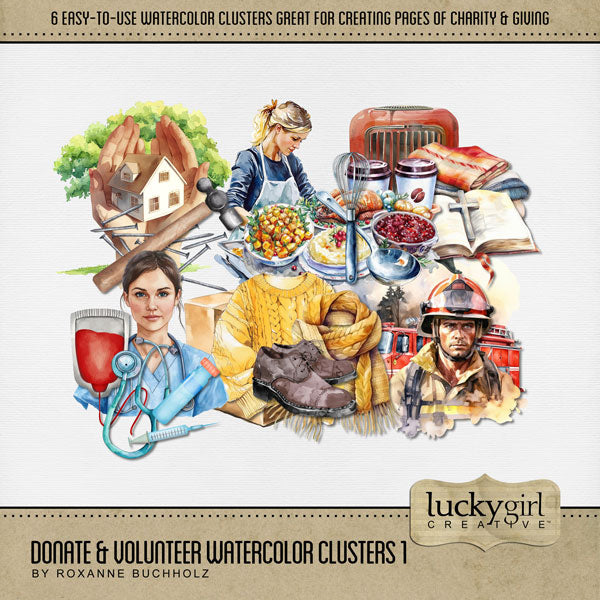 These digital scrapbooking cluster embellishments by Lucky Girl Creative digital art are great for non-profit charities, giving, donating, and volunteering for various organizations and clubs. Elements include home construction, nurse, blood drive, fireman, fire truck, coffee, Bible, blankets, heater, clothes, sweater, scarf, box, food preparation, and hot meal. This kit is included in the Donate & Volunteer Watercolor 1 Bundle.