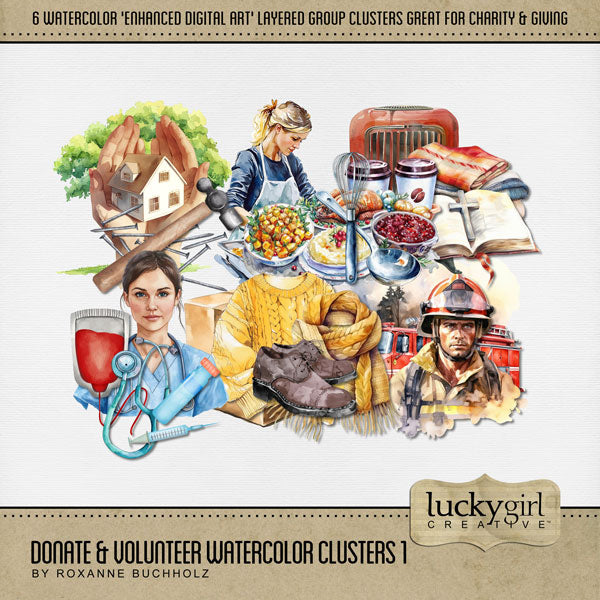 These digital scrapbooking cluster embellishments by Lucky Girl Creative digital art are great for non-profit charities, giving, donating, and volunteering for various organizations and clubs. Elements include home construction, nurse, blood drive, fireman, fire truck, coffee, Bible, blankets, heater, clothes, sweater, scarf, box, food preparation, and hot meal. This kit is included in the Donate & Volunteer Watercolor 1 Bundle.