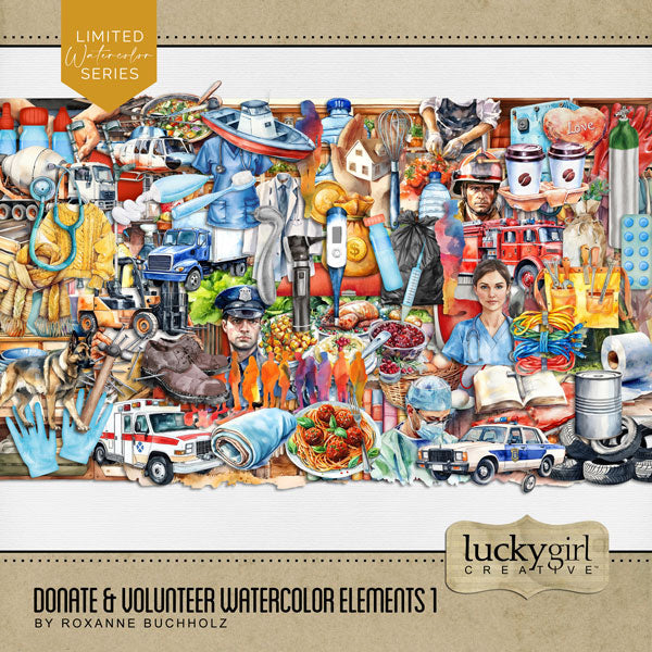 These digital scrapbooking watercolor embellishments by Lucky Girl Creative are great for non-profit charities, giving, donating, medical, rescue, and volunteering for various organizations and clubs. The Red Cross, Feeding America, Salvation Army, Habitat for Humanity, Operation Smile, United Way, Goodwill, Doctors without Borders, and First Responders are all represented in this collection.