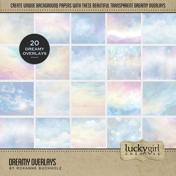 Add beautiful transparent overlays by Lucky Girl Creative digital art to all your digital scrapbooking pages! In hues of soft blue, pink, and yellow, the dreamy papers add so much warmth and depth to all your memory keeping projects. Try layering over different colored digital papers to create a one-of-a-kind look! Great for spring, baby, inspirational, and everyday pages with scenes of the sky, stars, clouds, rainbow, and bokeh. This kit is included in the Dreamy Papers & Overlays Kit.