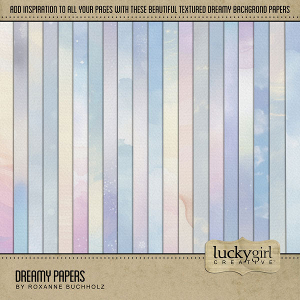 Add beautiful textured background papers by Lucky Girl Creative digital art to all your digital scrapbooking pages! In hues of soft blue, pink, and yellow, the dreamy papers add so much warmth and depth to all your memory keeping projects. Great for spring, baby, inspirational, and everyday pages with scenes of the sky, stars, clouds, rainbow, and bokeh. This kit is included in the Dreamy Papers & Overlays Kit.