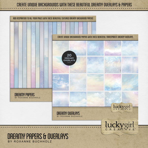 Add beautiful transparent overlays and textured papers by Lucky Girl Creative digital art to all your digital scrapbooking pages! In hues of soft blue, pink, and yellow, the dreamy papers add so much warmth and depth to all your memory keeping projects. Try layering over different colored digital papers to create a one-of-a-kind look! Great for spring, baby, inspirational, and everyday pages with scenes of the sky, stars, clouds, rainbow, and bokeh.