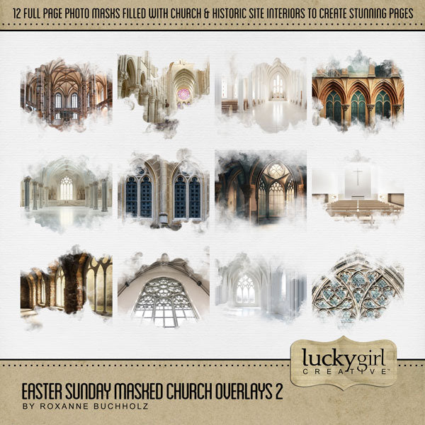 These beautiful and ornate digital scrapbooking masked photo overlays with transparent edges by Lucky Girl Creative digital art blend seamlessly into any background paper and make the perfect backdrop for any page featuring church, faith, religion, wedding, baptism, and other historic sites such as basilicas, cathedrals, temples, and chapels.
