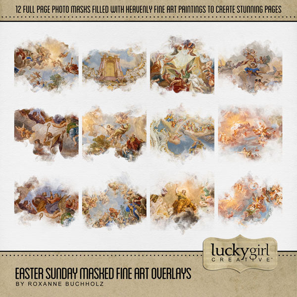 These beautiful and spiritual digital scrapbooking masked photo overlays with transparent edges by Lucky Girl Creative digital art blend seamlessly into any background paper and make the perfect backdrop for any page featuring church, faith, religion, and other historic biblical sites and religious paintings.