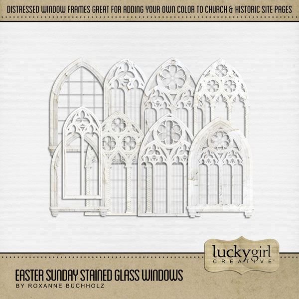 These beautiful and ornate digital scrapbooking stained glass window frames by Lucky Girl Creative digital art are the perfect addition to any page featuring church, faith, religion, wedding, and other historic sites such as basilicas, cathedrals, temples, and chapels.