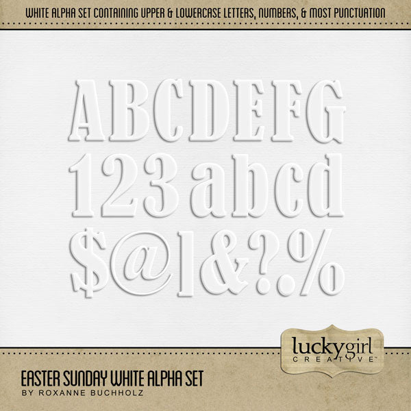 Create your own digital scrapbooking titles and word art with these stylish white alphabet letters, numbers, and punctuation by Lucky Girl Creative that are perfect for any occasion and theme. Especially great for any church, religious, faith, baptism, baby, wedding, or communion pages.