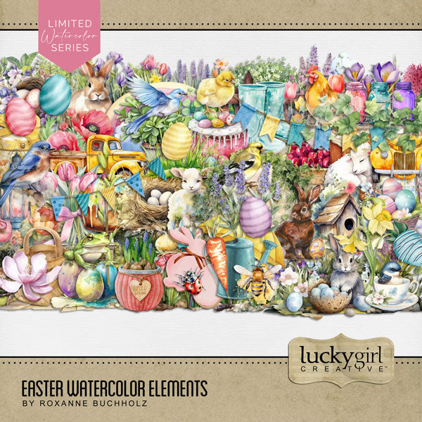 Add these beautiful watercolor Easter embellishments by Lucky Girl Creative digital art to all your digital scrapbooking pages. Great for all your spring and Easter pages, greeting cards, and holiday decor. Embellishments include bluebird, bird, birdhouse, chick, chicken, finch, bird nest, bunny, rabbit, hare, Easter eggs, honey bee, ladybug, sheep, lamb, banner, bunting, flags, basket, branch, buds, carrot cake, clouds, umbrella, cookies, chocolate dipped strawberry, cake, white egg, dyed eggs, and more.