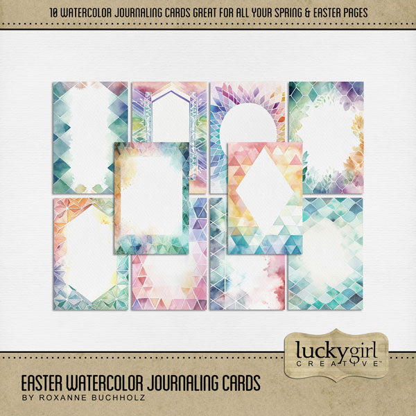 Add these beautiful watercolor journaling cards by Lucky Girl Creative digital art to all your digital scrapbooking pages giving you room to journal your memories. Great for all your spring, Easter, and baby pages. This kit is NOT included in any bundle.