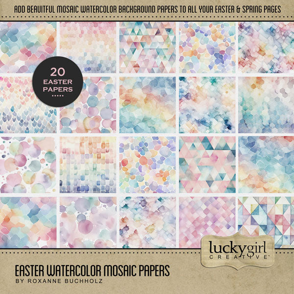 Add these beautiful watercolor mosaic background papers by Lucky Girl Creative digital art to all your digital scrapbooking pages. Great for all your spring, Easter, and baby pages. This kit is NOT included in any bundle.