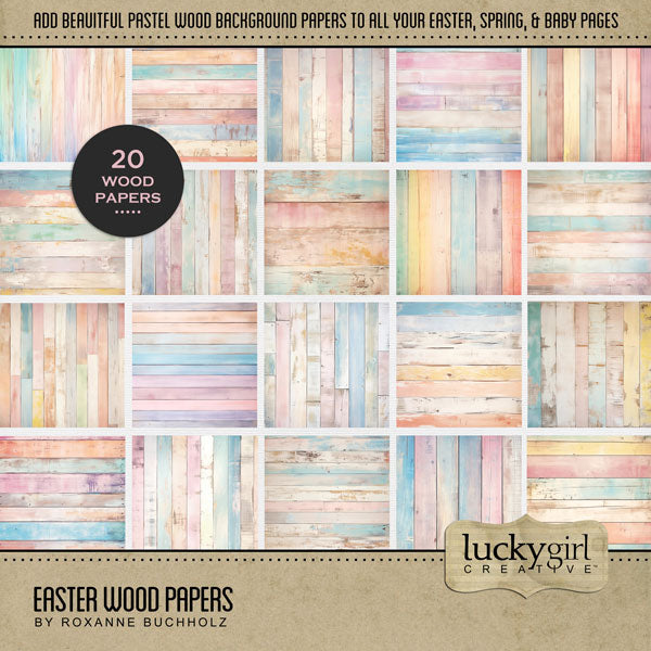 Add these beautiful pastel wood panel background papers by Lucky Girl Creative to all your digital scrapbooking pages. Great for all your spring, Easter, and baby pages. This kit is NOT included in any bundle.