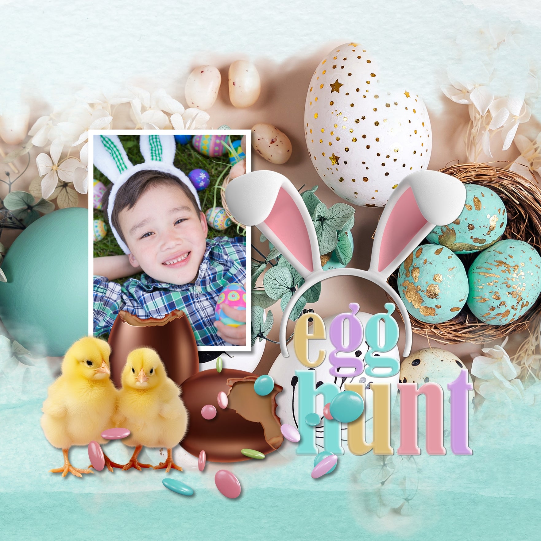 These fun and bright realistic digital scrapbooking embellishments, watercolor papers, word art pieces, masked overlays, and vintage Easter ephemera by Lucky Girl Creative digital art are perfect for all your Easter, spring, and flower garden pages. Imagine the cute Easter Egg Hunt and Easter Bunny pages you could make!