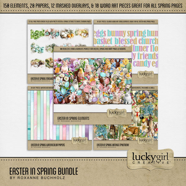 These fun and bright realistic digital scrapbooking embellishments, watercolor papers, word art pieces, masked overlays, and vintage Easter ephemera by Lucky Girl Creative digital art are perfect for all your Easter, spring, and flower garden pages. Imagine the cute Easter Egg Hunt and Easter Bunny pages you could make!